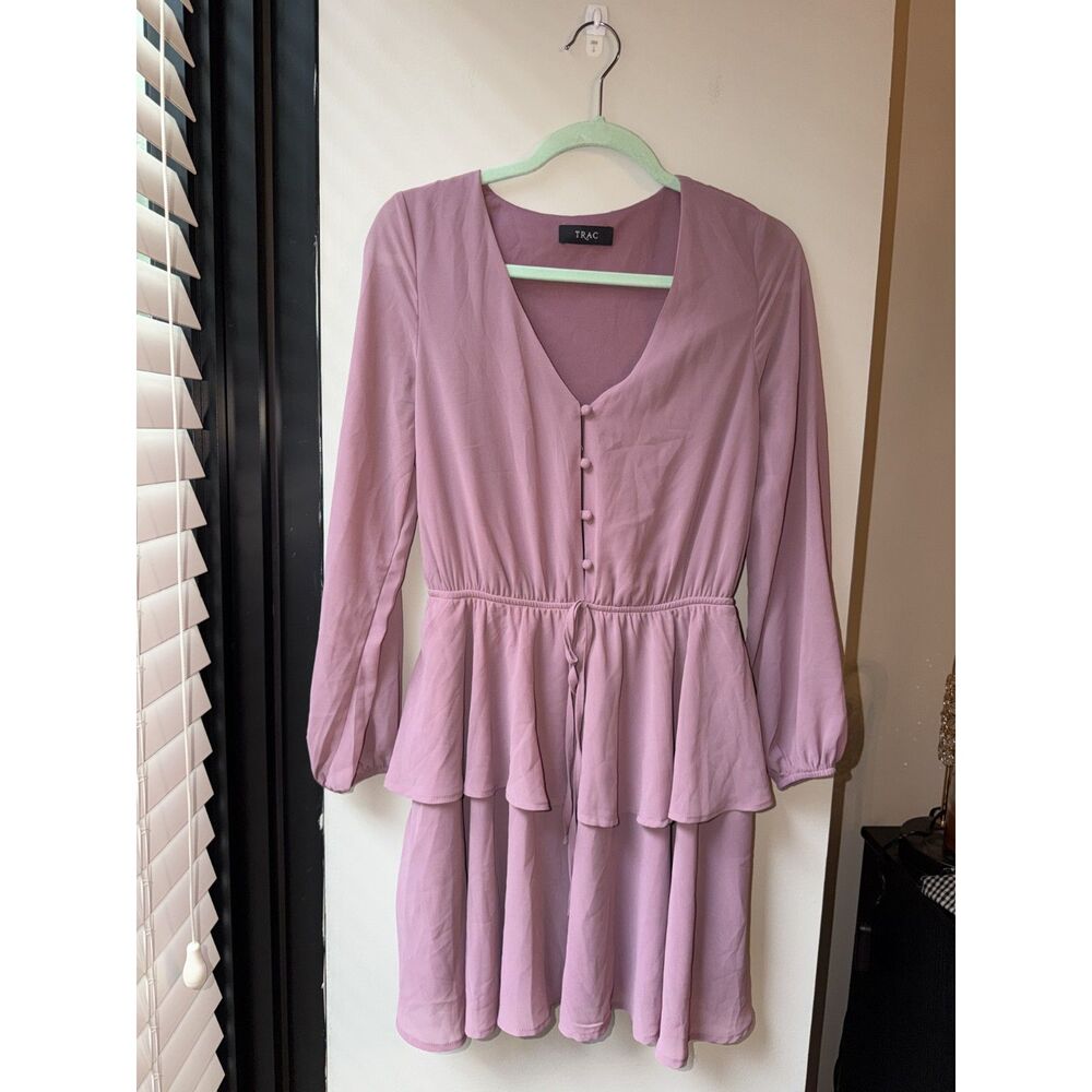 Trac Brand Mauve Dress V Neck Long Sleeve Elastic Waist Small